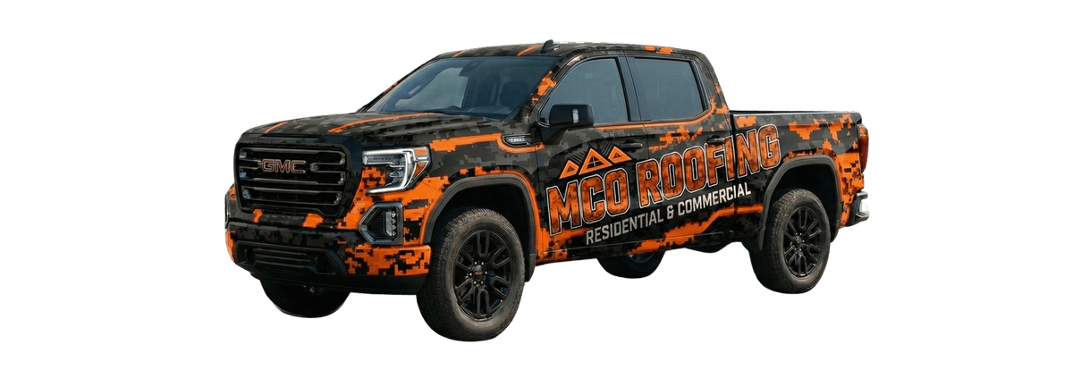 MCO Roofing company truck with orange digital camo wrap