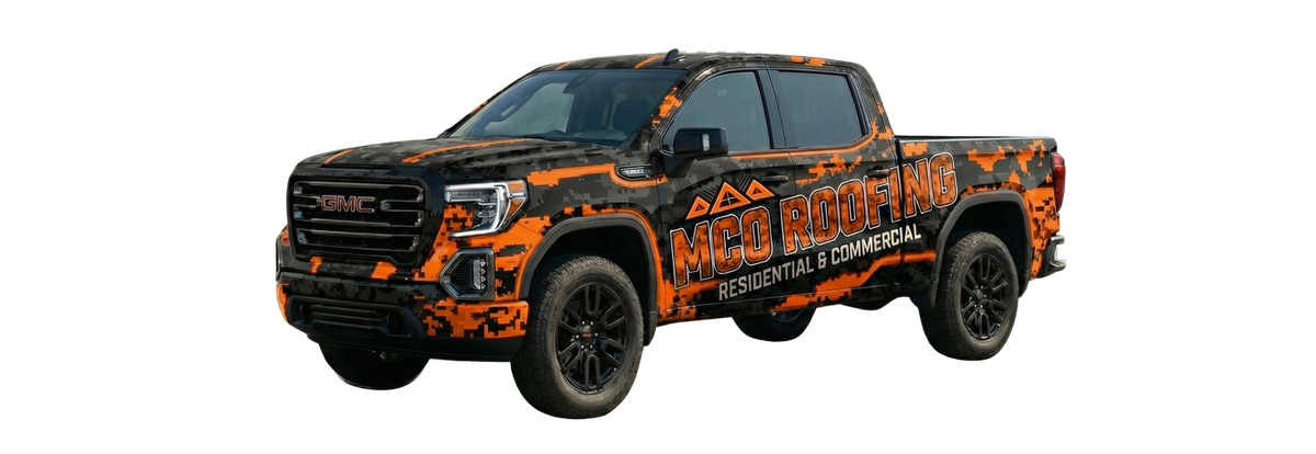 MCO Roofing company truck with orange digital camo wrap